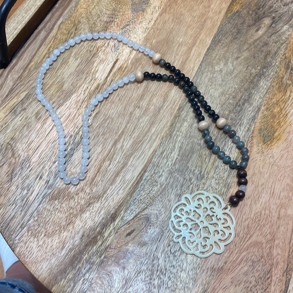 White Jade, Gold Sheen Obsidian, Bloodstone &Wood with an Elegant Resin Pendant - Picture 4 of 5